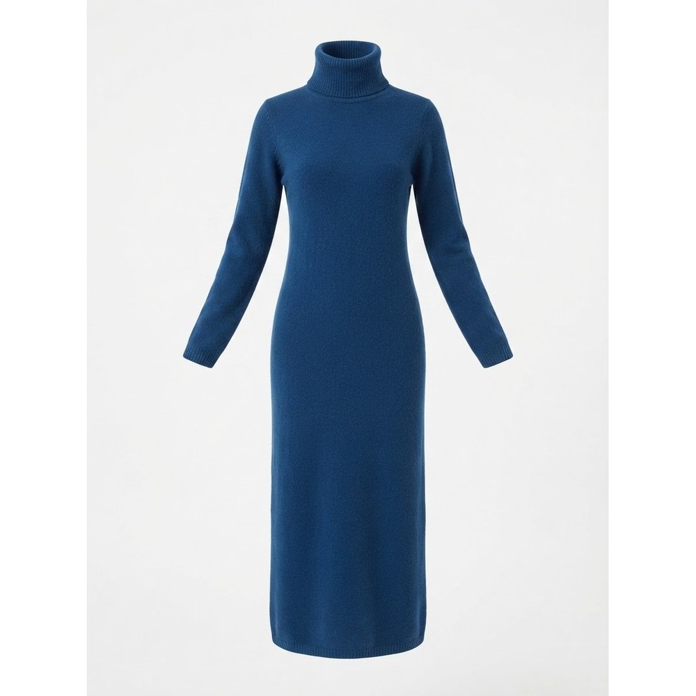 Ralph Lauren Navy Blue Merino Angora Cashmere UK Turtle Neck Maxi Dress sz S